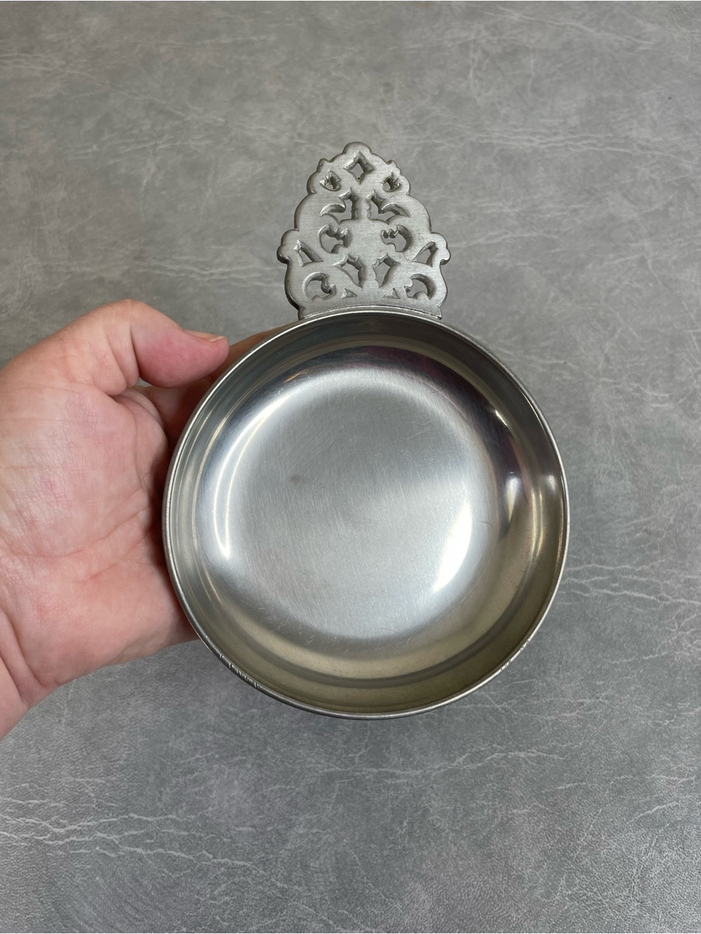 Vintage Pewter Porriger Serving Dish with Decorative Handle